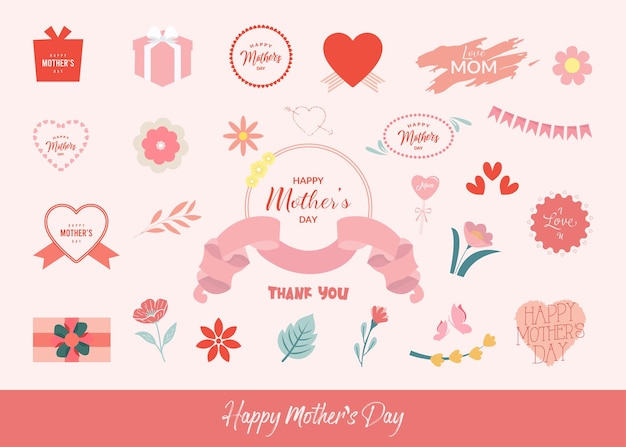 Lindo conjunto vectorial de Día de la Madre con marcos cintas regalos corazones flores y hojas de primavera
