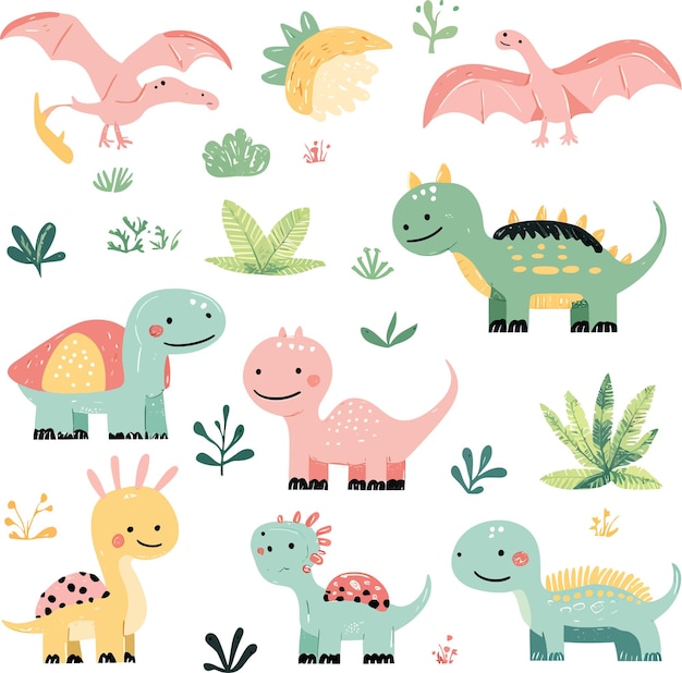 Un lindo conjunto vectorial de dinosaurios de dibujos animados
