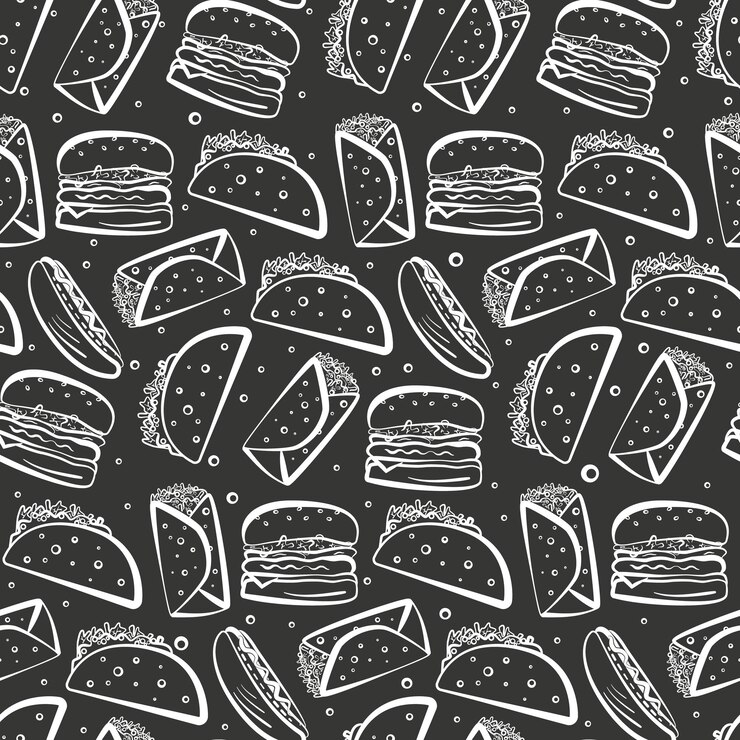 Vector lindo contorno blanco monocromo patrón de comida rápida