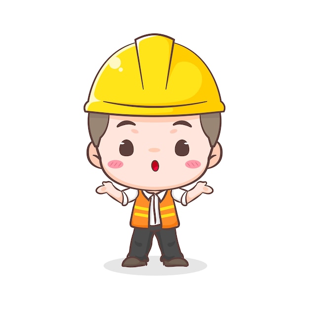 Lindo contratista o personaje de dibujos animados de arquitectura haciendo preguntas Concepto de icono de construcción de personas