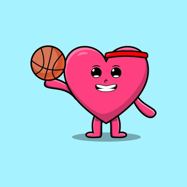 Lindo corazón encantador de dibujos animados jugando baloncesto