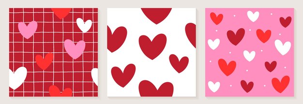 Lindo corazón San Valentín amor rojo rosa cuadrícula línea sin fisuras patrón fondo conjunto colección Vector