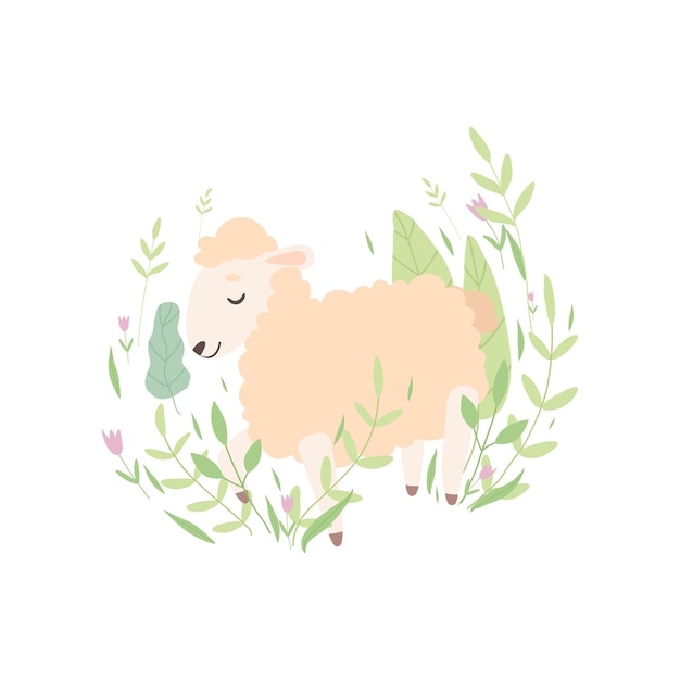 Vector lindo corderito durmiendo en el prado de primavera adorable oveja ilustración vectorial de animales en fondo blanco