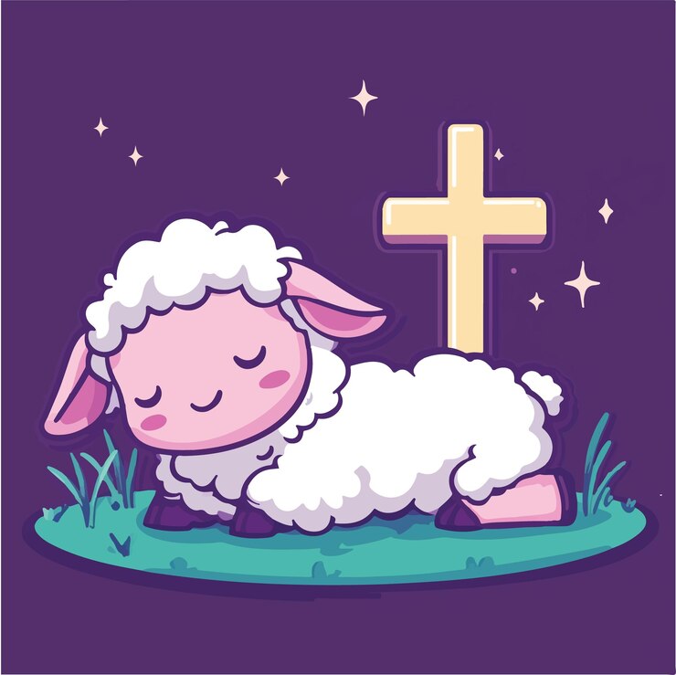 Vector lindo cordero vectorial descansando al lado de una ilustración vectorial de icono de cruz