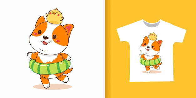 Lindo corgi y pato con dibujos animados de anillo de natación para camiseta