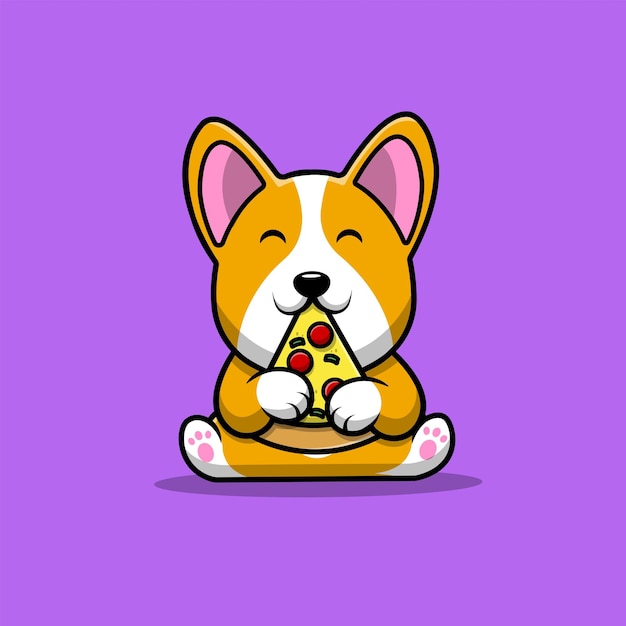 Lindo Corgi Perro Comer Pizza Dibujos Animados Vector Icono Ilustración