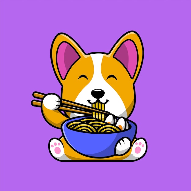 Lindo Corgi Perro Comer Ramen Fideos Dibujos Animados Vector Icono Ilustración