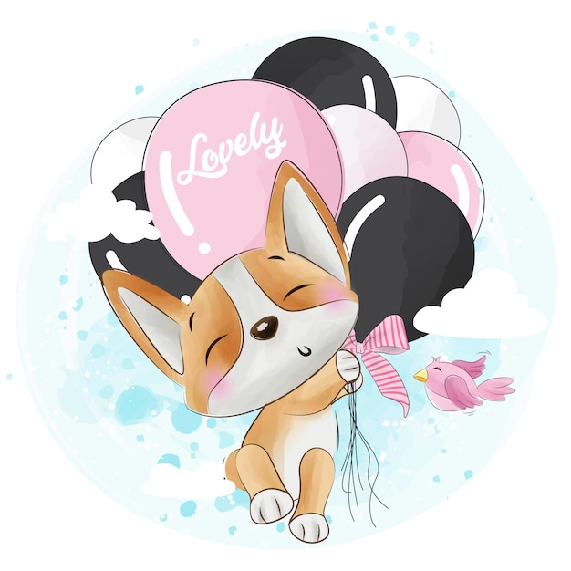 Vector lindo corgi volando con globo