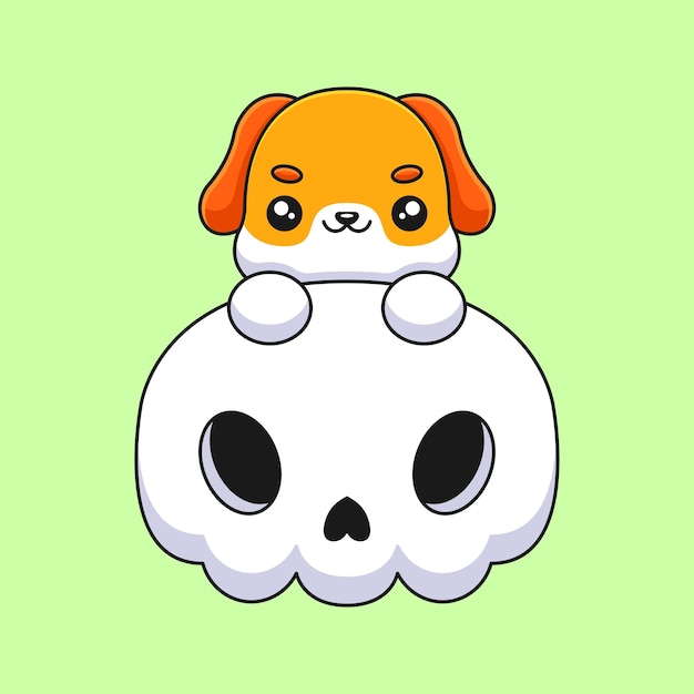 Lindo cráneo perro halloween dibujos animados mascota doodle arte mano dibujado concepto vector kawaii icono ilustración