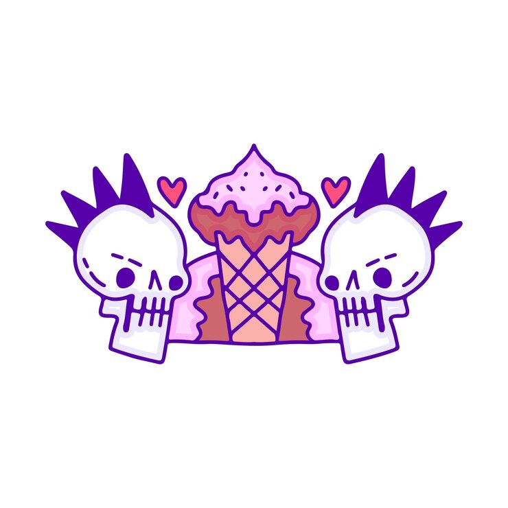 Vector lindo cráneo punk con arte de garabato de helado, ilustración para camiseta, pegatina.