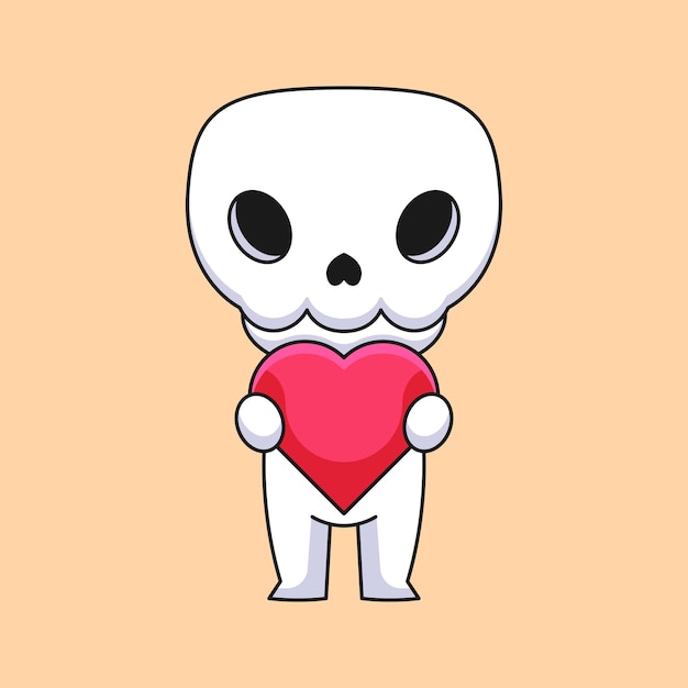 Lindo cráneo sosteniendo amor hogar dibujos animados mascota doodle arte dibujado a mano concepto vector kawaii icono ilustración