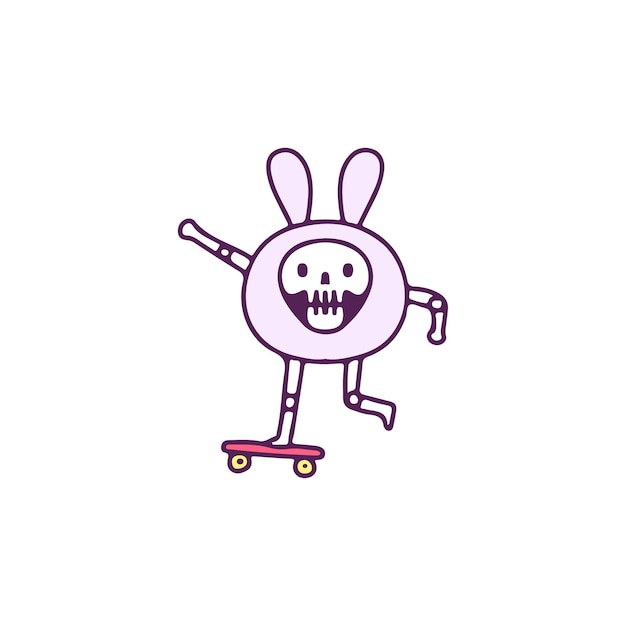 Lindo cráneo con traje de conejito montando patineta, ilustración para camiseta, pegatina o ropa.