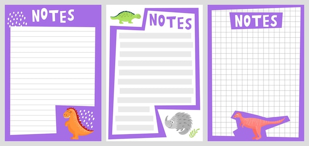 Lindo cuaderno de notas con estilo de dibujos animados de dinosaurios Papelería Kawaii Moda moderna ilustración vectorial aislada sobre fondo blanco diseño plano dibujado a mano Color violeta Conjunto de espacios en blanco