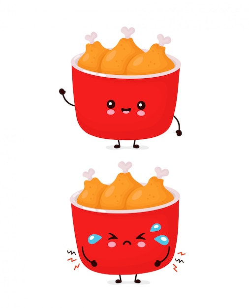 Lindo cubo de pollo frito divertido feliz y triste. Diseño de icono de ilustración de personaje de dibujos animados.