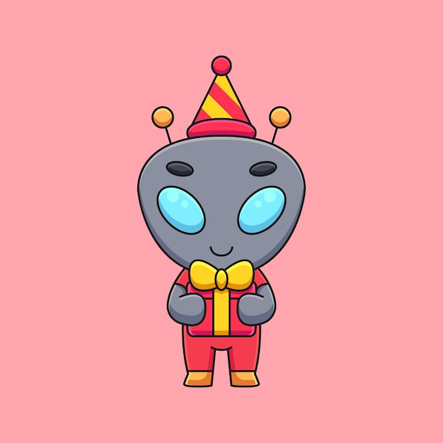 Lindo cumpleaños alienígena de dibujos animados mascota doodle arte dibujado a mano concepto vector kawaii icono ilustración