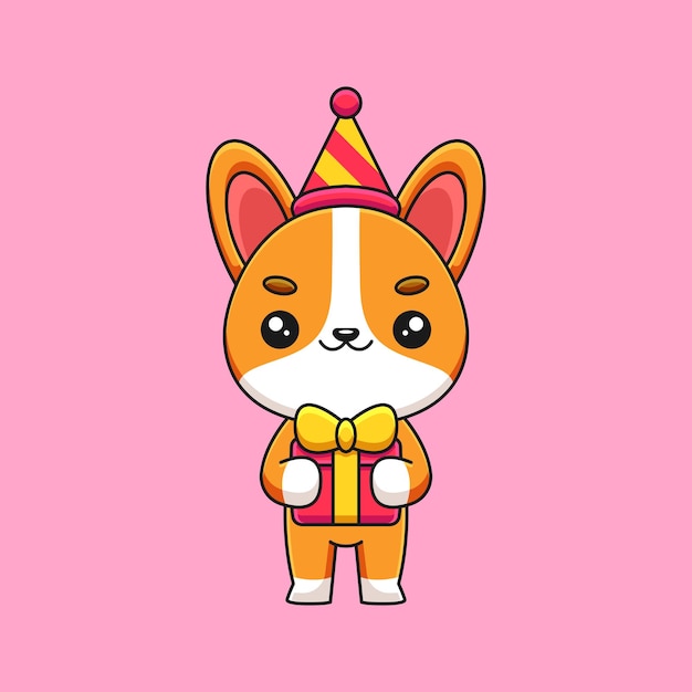 Lindo cumpleaños corgi dibujos animados mascota doodle arte dibujado a mano concepto vector kawaii icono ilustración