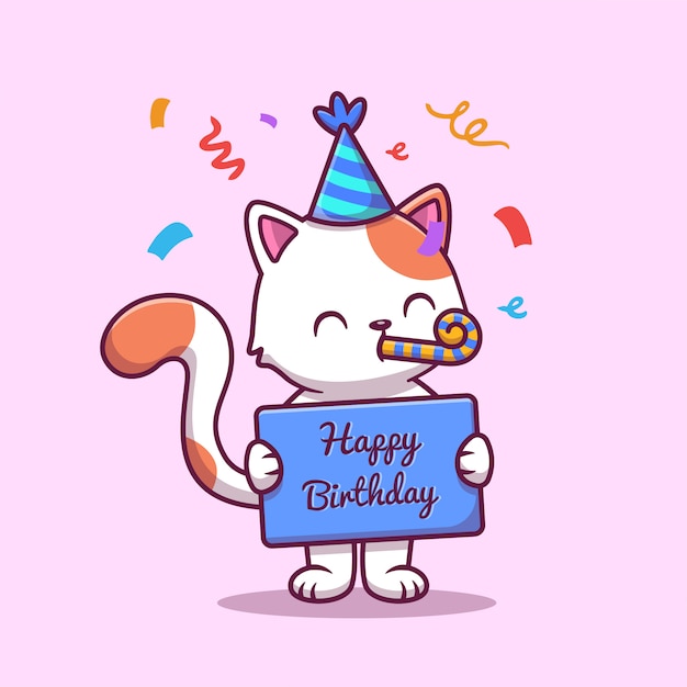 Lindo cumpleaños gato con confeti dibujos animados icono ilustración. concepto de icono de cumpleaños animal aislado premium. estilo plano de dibujos animados