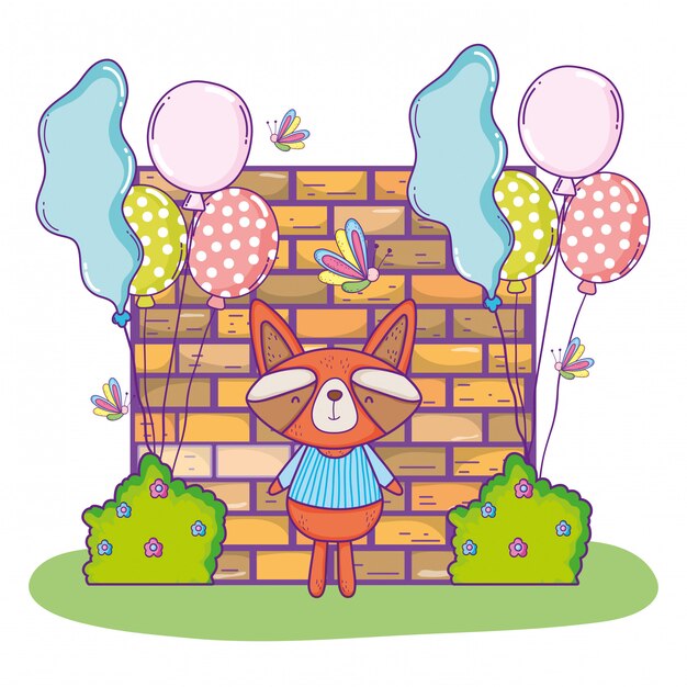 Lindo cumpleaños de mapache con globos y arbustos