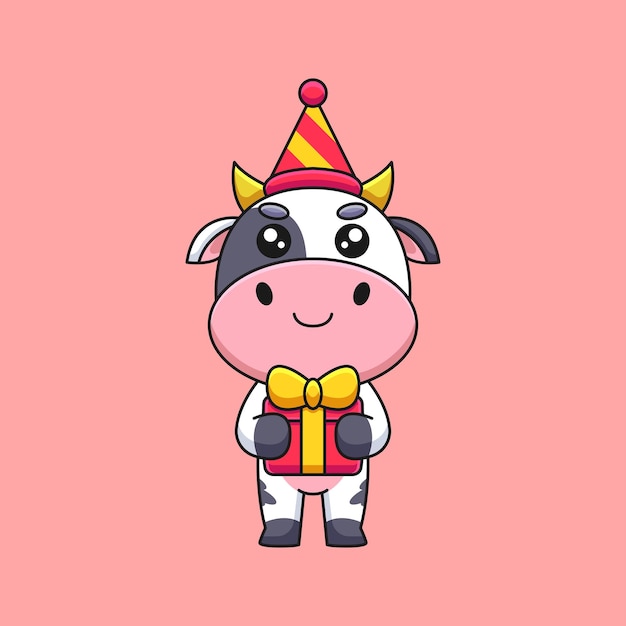 Lindo cumpleaños vaca dibujos animados mascota doodle arte dibujado a mano concepto vector kawaii icono ilustración