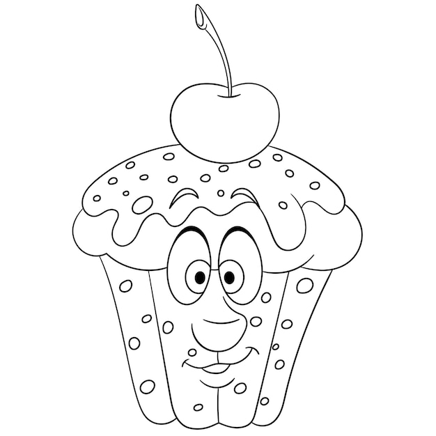 Lindo cupcake con cereza. Cara de emoji de comida divertida de dibujos animados. Página para colorear de niños.