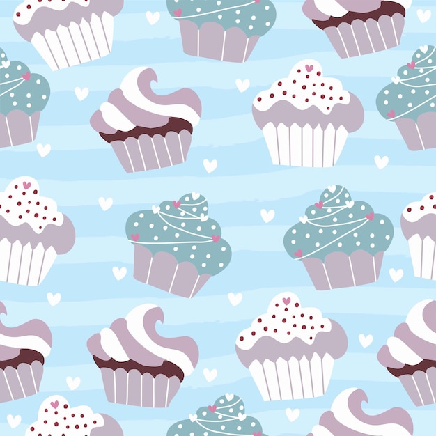 lindo cupcake ilustración con corazones en un fondo azul rayado