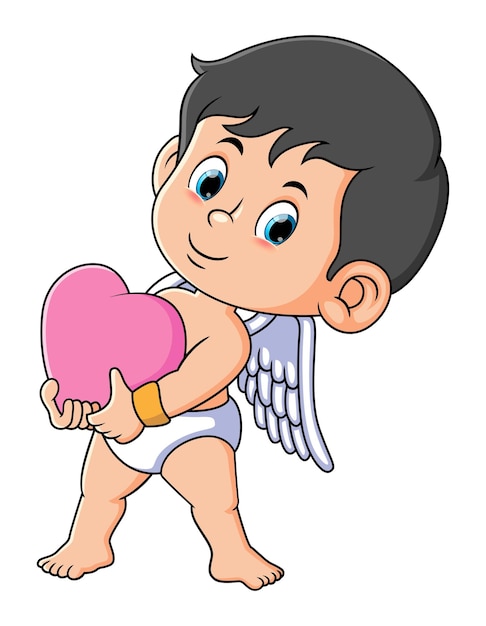 El lindo cupido camina y sostiene la muñeca de amor.