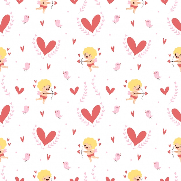 Lindo Cupido con corazones y un pajarito de patrones sin fisuras para San Valentín