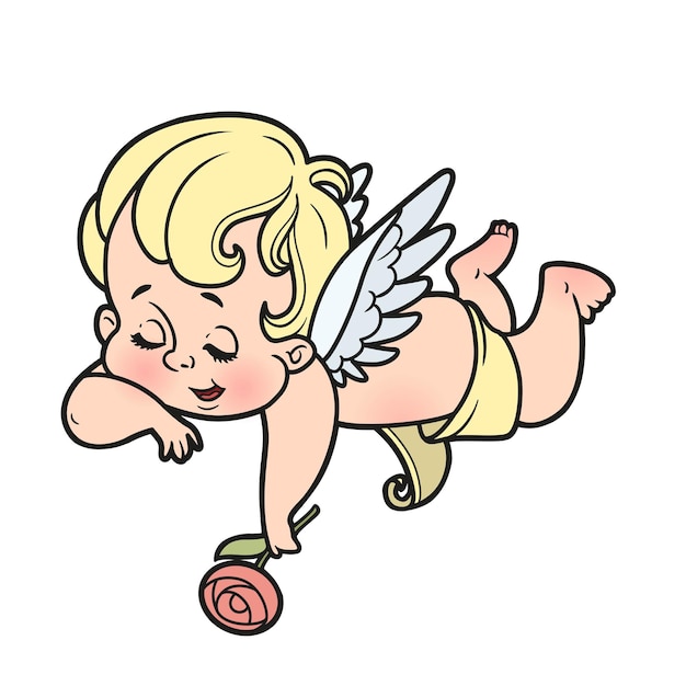 El lindo Cupido de dibujos animados yace y se duerme con una flor en la mano variación de color para página de colorear aislada sobre un fondo blanco