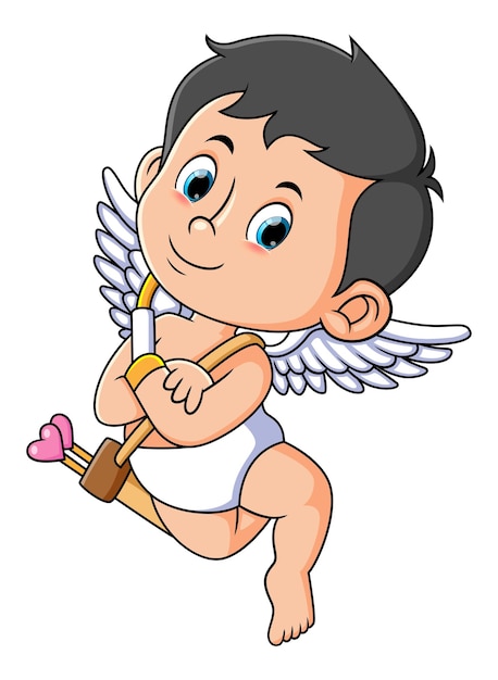 El lindo cupido está posando con la flecha del amor.