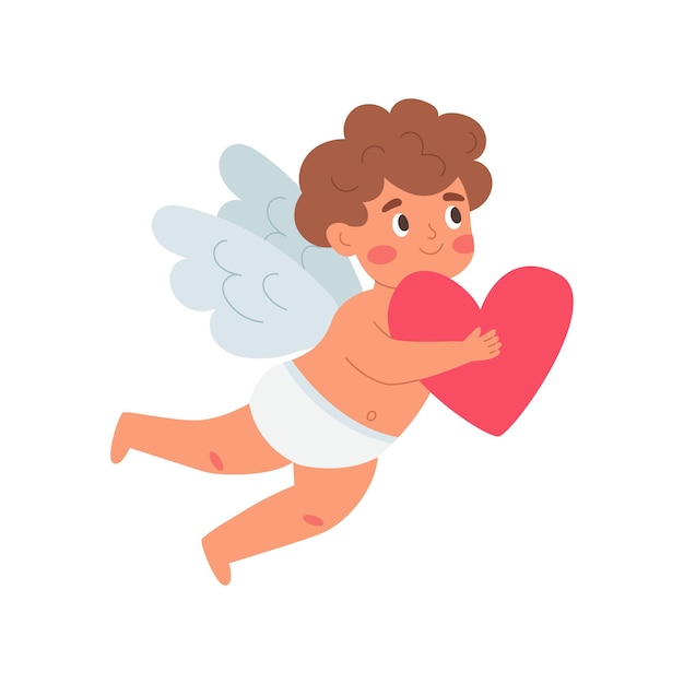 El lindo Cupido llevando un corazón en sus manos Ilustración vectorial del Día de San Valentín