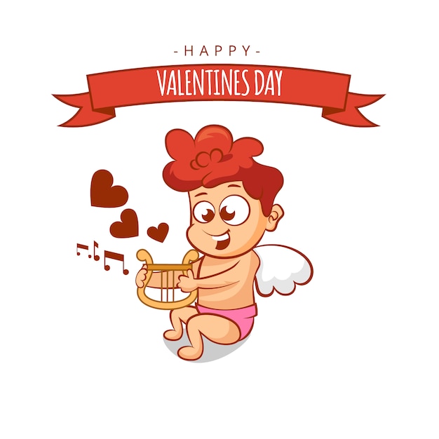 Lindo cupido con vector de dibujos animados de arpa