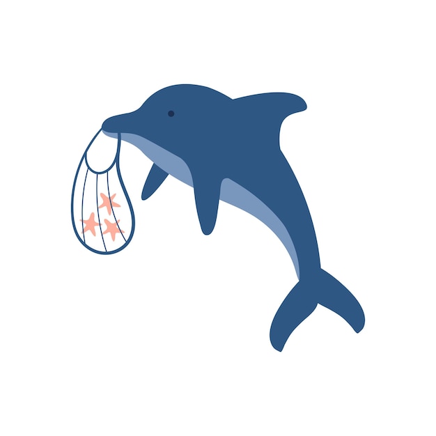 Lindo delfín de dibujos animados con bolsa y estrellas de mar dentro. Ilustración vectorial de delfín