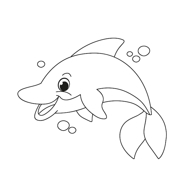 Lindo delfín. Libro de colorear de dibujos animados para niños. Ilustración de vector blanco y negro con lindo delfín. Tarea educativa para niños pequeños divertidos delfines.