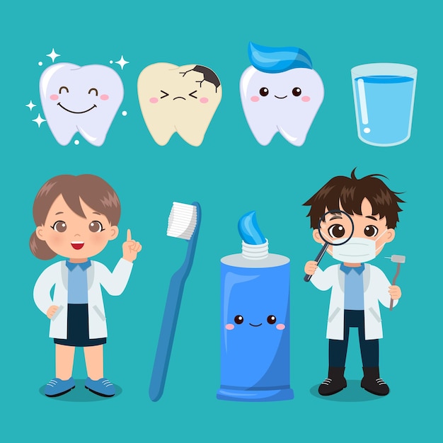 Lindo dentista femenino y masculino cuidado bucal clip art diseño de dibujos animados de vector plano