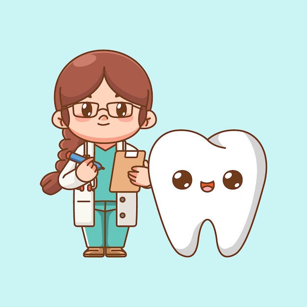 Lindo dentista femenino con personaje de diente kawaii chibi mascota ilustración estilo de contorno