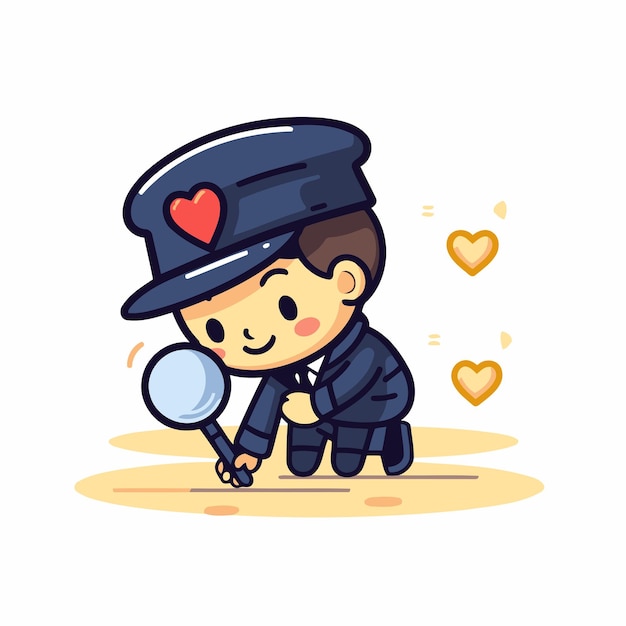 Vector el lindo detective con lupa y corazones ilustración vectorial