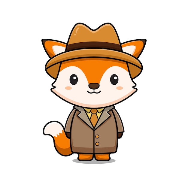Lindo detective zorro mascota personaje icono ilustración estilo de dibujos animados plano