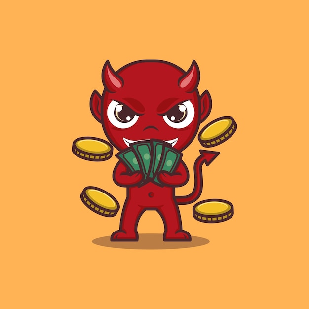 Vector lindo diablo de dibujos animados con dinero