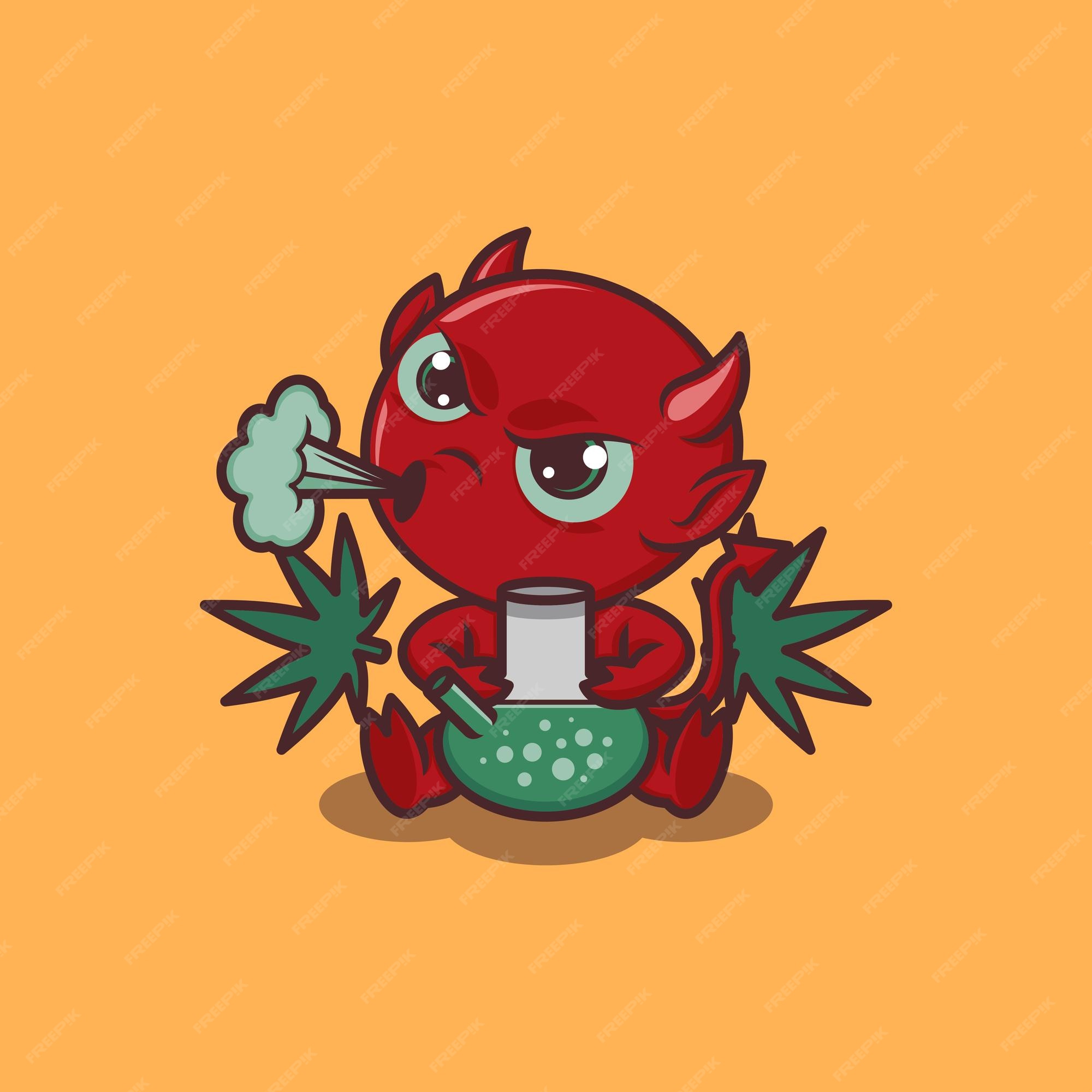 Lindo diablo de dibujos animados fumando hierba | Vector Premium