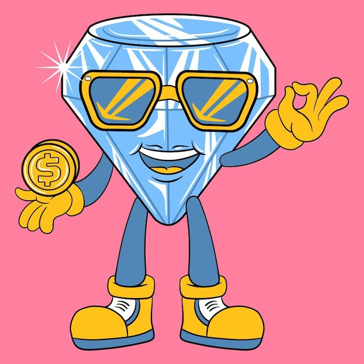 Vector un lindo diamante con gafas de sol que sostiene una moneda ilustración vectorial de dibujos animados