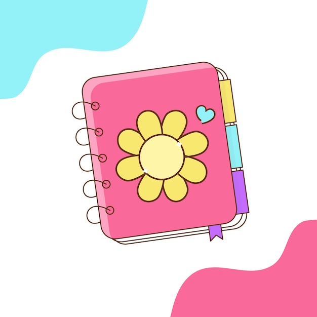 Lindo diario rosa con una flor amarilla y un corazón