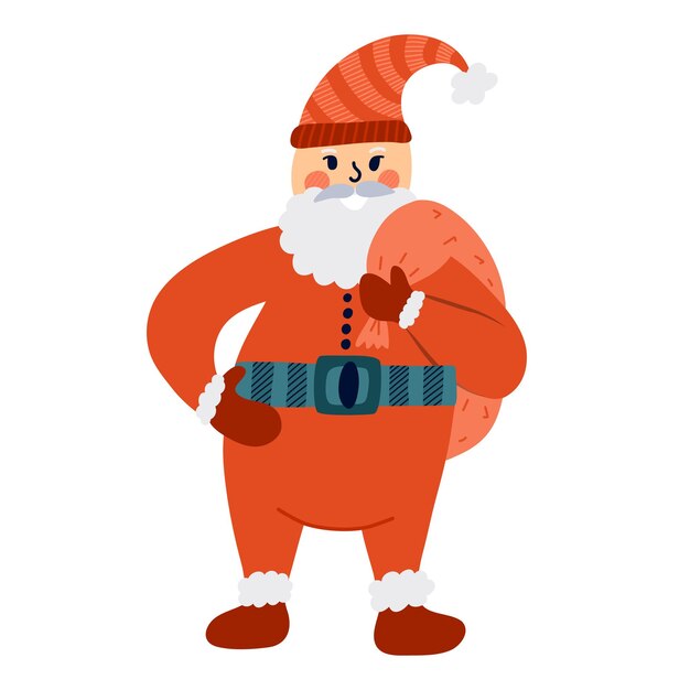 Lindo dibujado a mano alegre Santa Claus de pie con bolsa de regalo a la espalda Sonriente personaje de Navidad feliz y divertido con muchos regalos para niños para vacaciones de invierno Clipart vectorial aislado