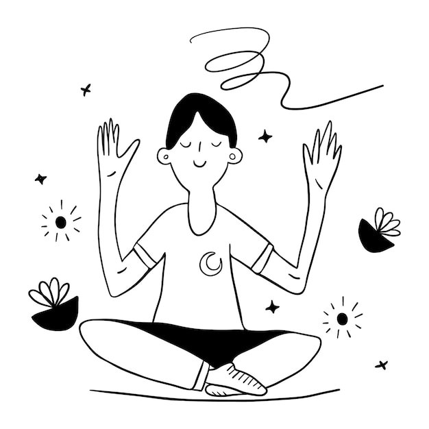 Un lindo dibujante de dibujos animados meditando estilo de dibujo de líneas atención plena armonía y equilibrio