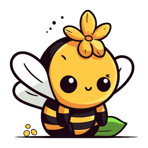 Vector lindo dibujo animado de abeja con flor ilustración vectorial aislada sobre fondo blanco