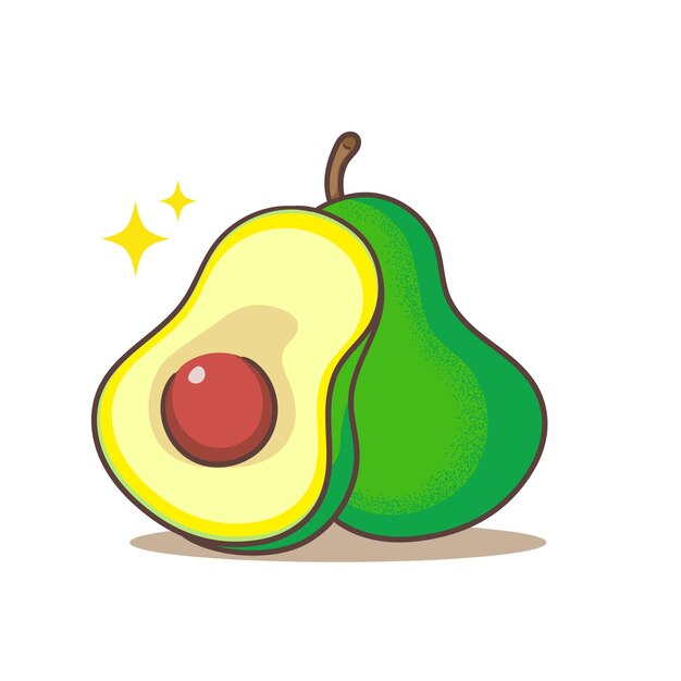 Lindo dibujo animado de aguacate entero y cortado Diseño de iconos de conceptos de frutas dibujados a mano Fondo blanco aislado