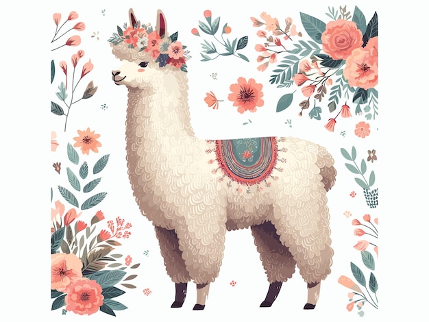 Vector lindo dibujo animado de alpaca con fondo blanco de estilo vectorial