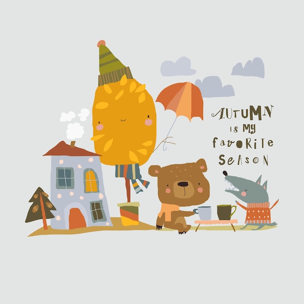 Lindo dibujo animado con animales divertidos bebiendo té cerca de su casa en el bosque de otoño