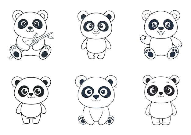 Lindo dibujo animado bebé panda contorno vectorial y adhesivo conjunto ilustración plana