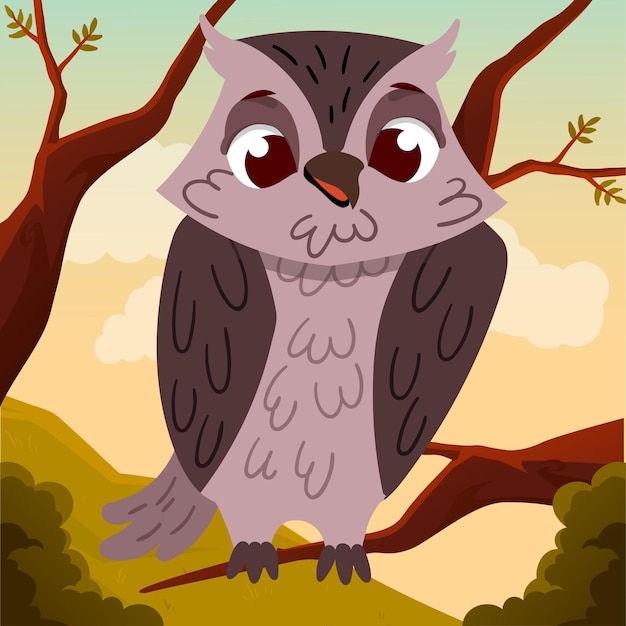 Vector lindo dibujo animado búho sabio gran pájaro sentado en la rama del árbol niños ilustración para libro e impresión en