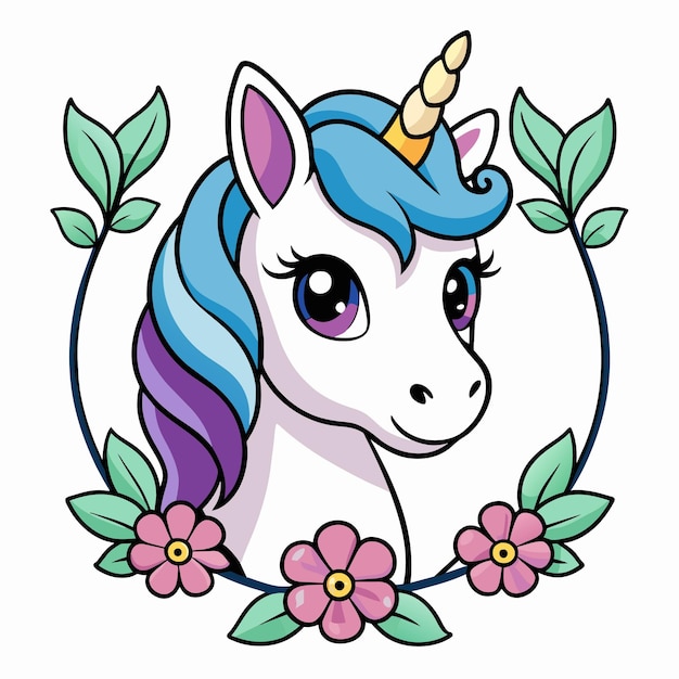 Lindo dibujo animado de cabeza de unicornio con marco de flores Ilustración para niños Aislado en fondo blanco Para imprimir en camiseta